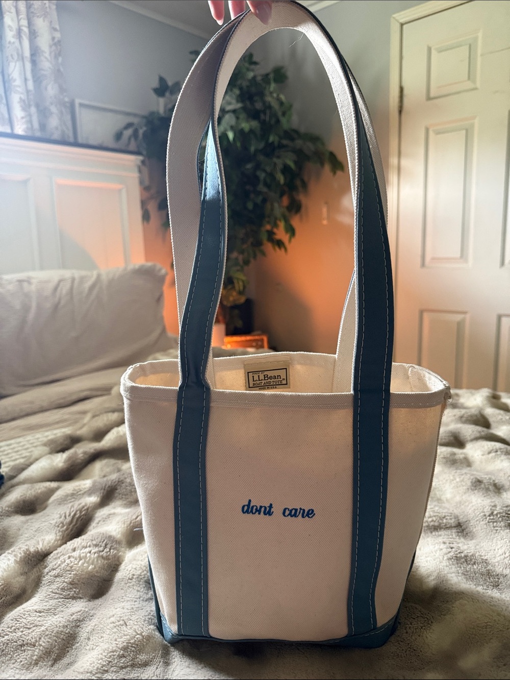 L.L. Bean Tall Small Cream Canvas Tote with Blue Trim (Long handles) - Picture 1 of 5